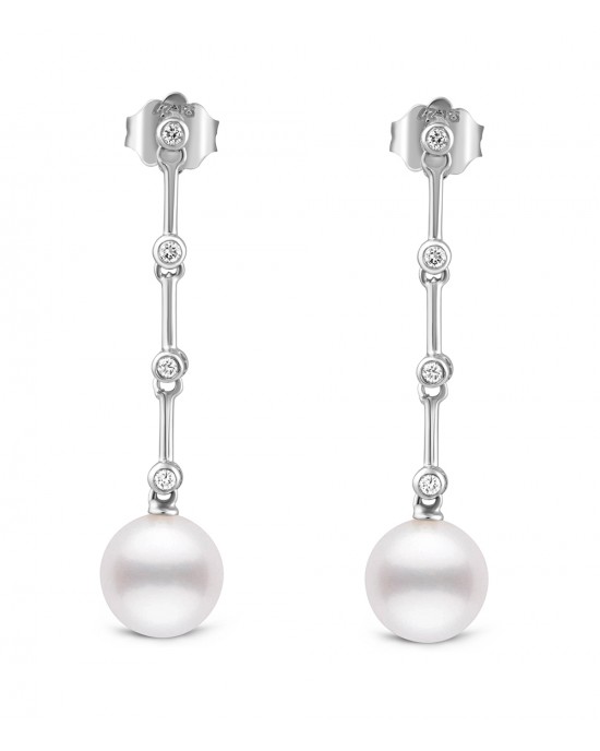 Dangling pearl earrings with diamonds in 18k white gold