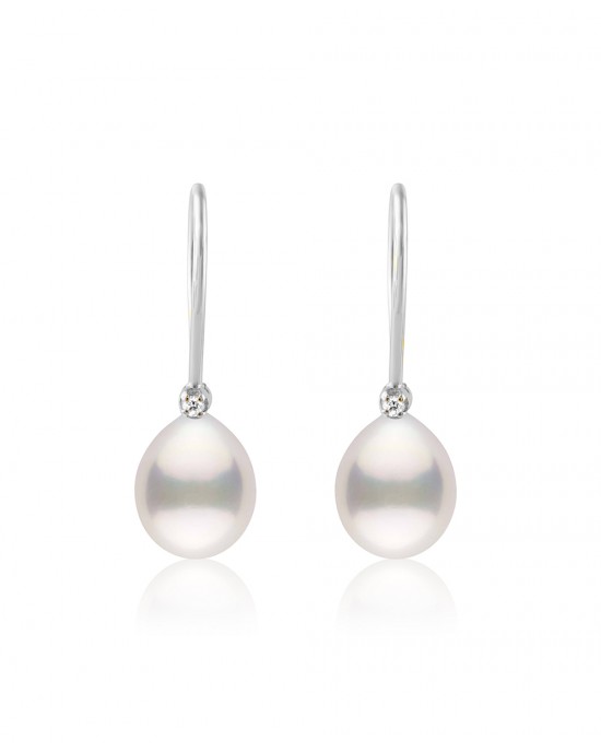 Hanging hoop pearl earrings with diamonds in 18k white gold