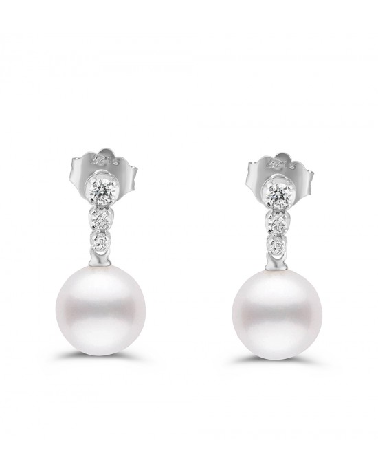 Κρεμαστά σκουλαρίκια με στρογγυλά μαργαριτάρια & διαμάντια από λευκόχρυσο Κ18