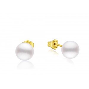 7.5-8mm White round Biwa freshwater pearl stud earrings in 18k gold