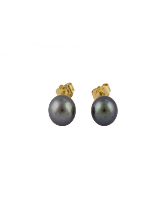 Καρφωτά σκουλαρίκια με μαύρα στρογγυλά μαργαριτάρια 8mm από χρυσό Κ18