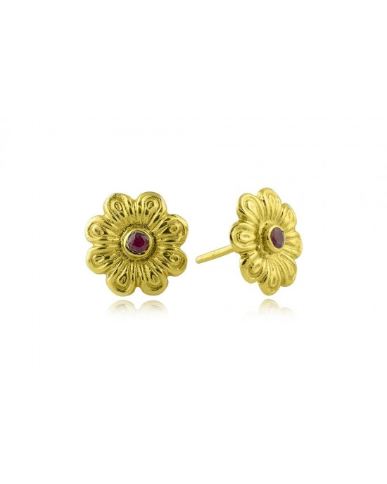 Daisy earrings with rubies in 14k gold