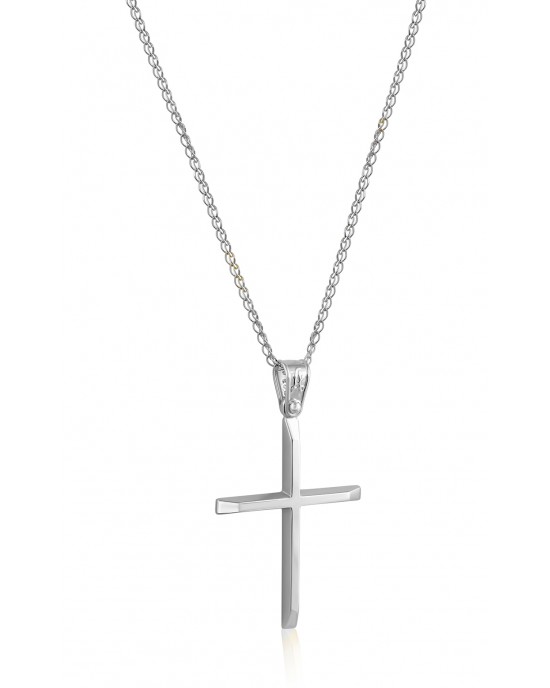 Λιτός βαπτιστικός σταυρός από λευκόχρυσο Κ14 και αλυσίδα