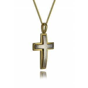 Δίχρωμος βαπτιστικός σταυρός από χρυσό Κ14 και αλυσίδα