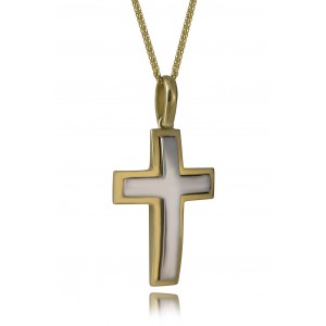 Two-colored baptism cross in 14k gold and white gold