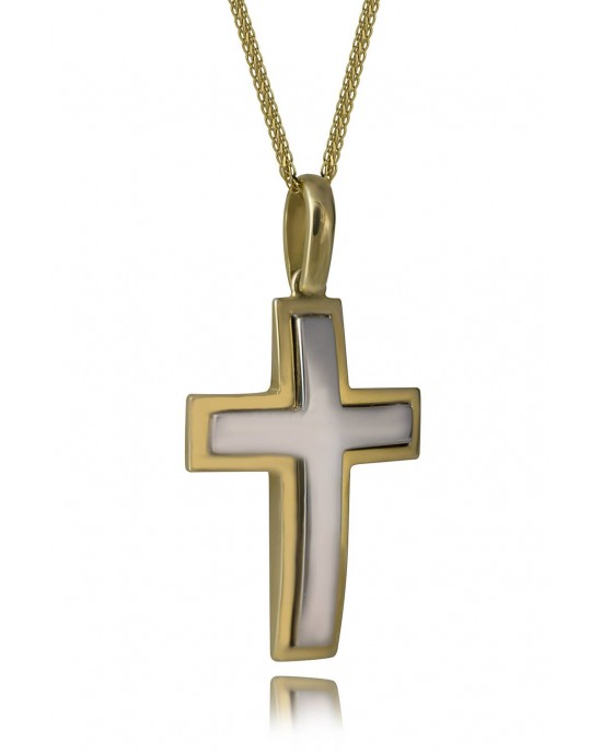 Δίχρωμος βαπτιστικός σταυρός από χρυσό Κ18 και αλυσίδα