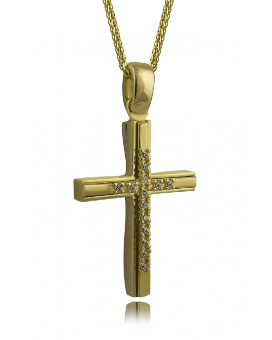 Δίχρωμος βαπτιστικός σταυρός διπλής όψεως από χρυσό Κ14