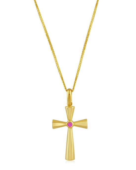 Βυζαντινός σταυρός με διαμάντι και ζαφείρι ή ρουμπίνι από χρυσό Κ18 και αλυσίδα