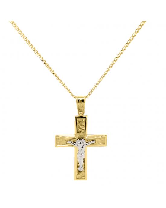 Two-toned "Crucified" christening cross in 14K gold