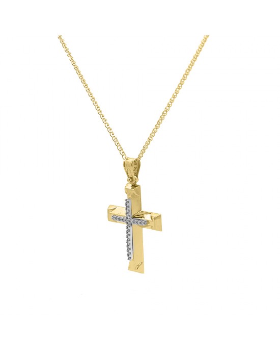 Δίχρωμος σταυρός με ζιρκόν από χρυσό Κ14