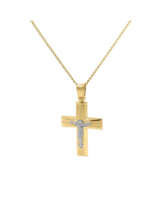 Δίχρωμος βαπτιστικός σταυρός με τον ''Εσταυρωμένο" από χρυσό Κ14