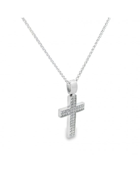 Γυναικείος βαπτιστικός σταυρός με ζιρκόν από λευκόχρυσο Κ14 και αλυσίδα