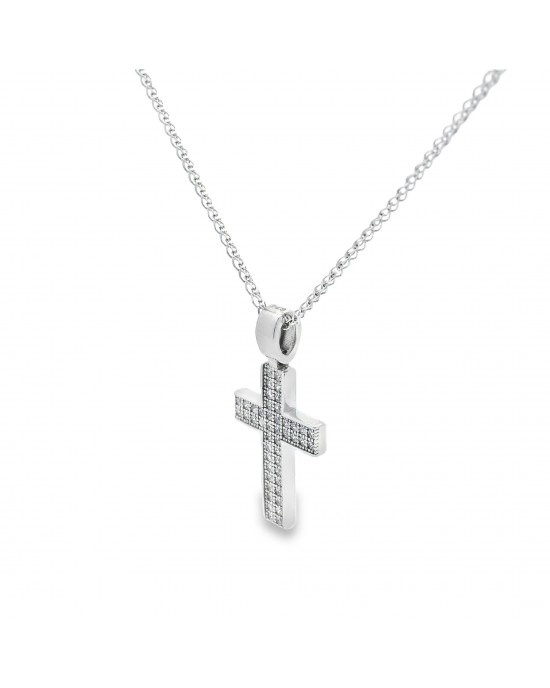 Γυναικείος βαπτιστικός σταυρός με ζιρκόν από λευκόχρυσο Κ14 και αλυσίδα
