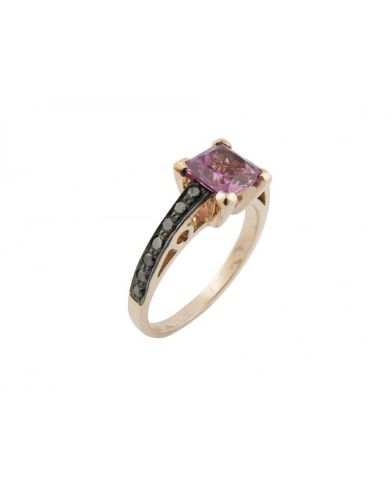 Pink tourmaline ring surrounded with black diamonds art-deco style in 18k rose gold