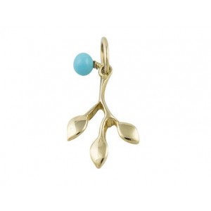 14K Gold Pendant Olive Branch with Turquoise