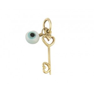 14K Gold Pendant "Key" with mother of pearl evil eye