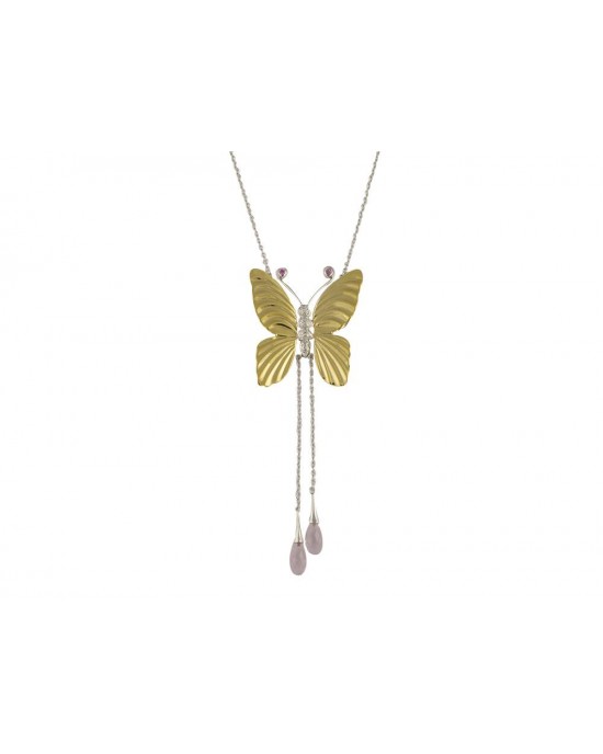 K18 Gold Bi-coloured Butterfly Necklace with Rose Quarz, Pink Sapphires and Diamonds