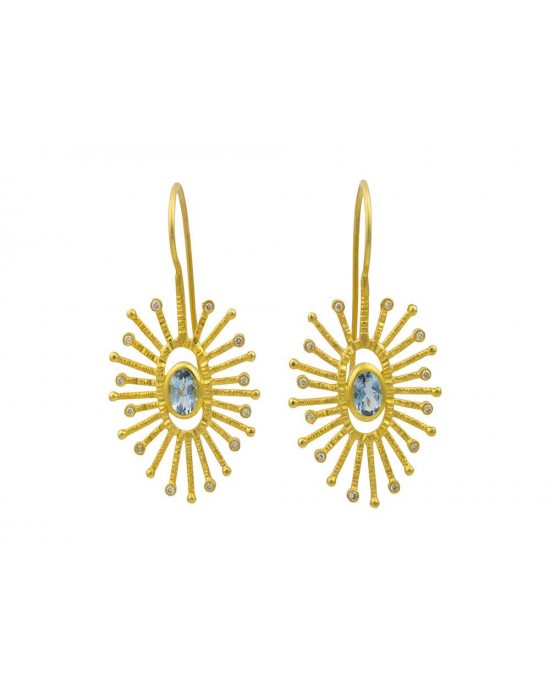 Earrings with Diamonds & Aquamarine in Sterling Silver 925° Gold Plated 