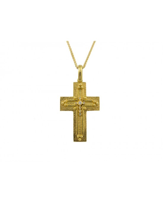Βυζαντινός σταυρός με γράνες και διαμάντια από χρυσό 18 καρατίων και αλυσίδα 