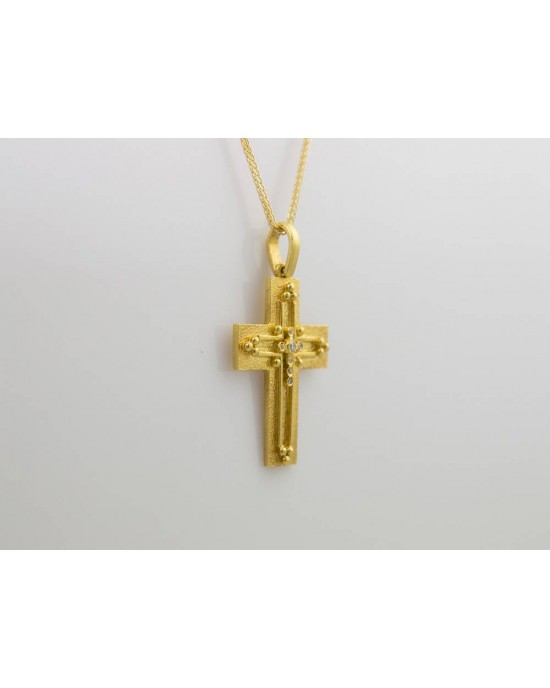Βυζαντινός σταυρός με γράνες και διαμάντια από χρυσό 18 καρατίων και αλυσίδα 